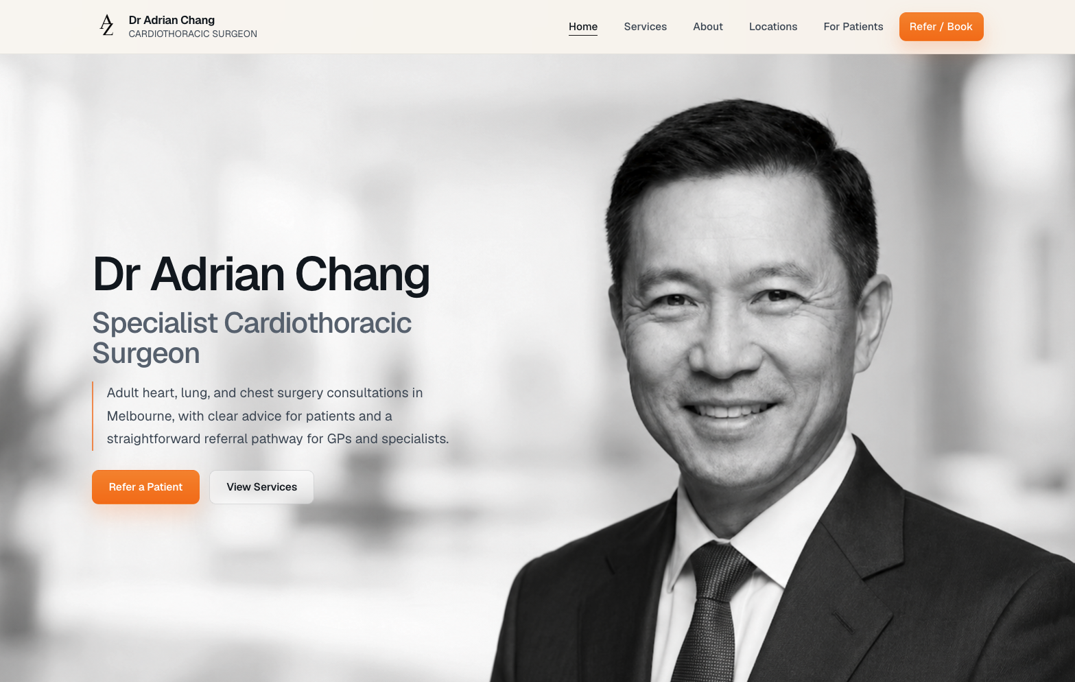 Cardiothoracic surgeon hero section screenshot.