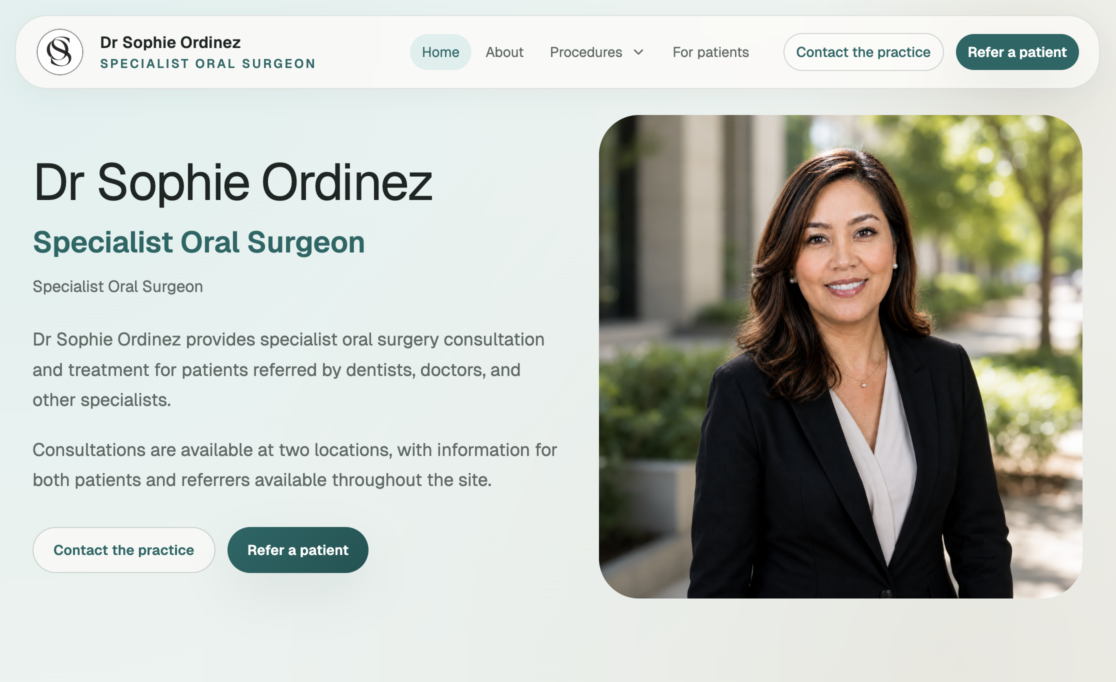Oral surgeon homepage banner shown on a desktop monitor.